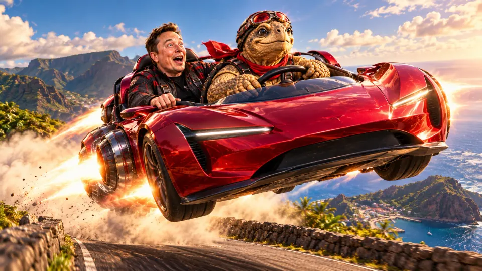 Fictional artwork of Jonathan driving a red rocket Roadster with Elon