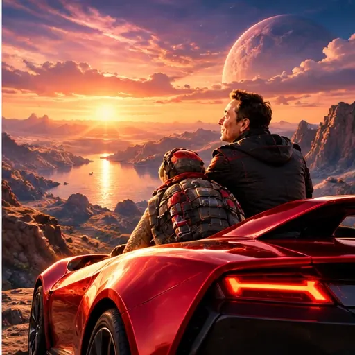 Fictional Elon and Jonathan watching a sunrise together